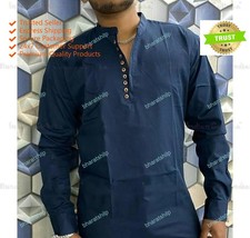 Mens Fancy Kurta Color Blue Cotton Dress Mens Shirt Plain Top Tonic