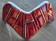 Brazalete Emery Yazzie Navajo Empedrado Rojo Ostra Espinosa Esterlina