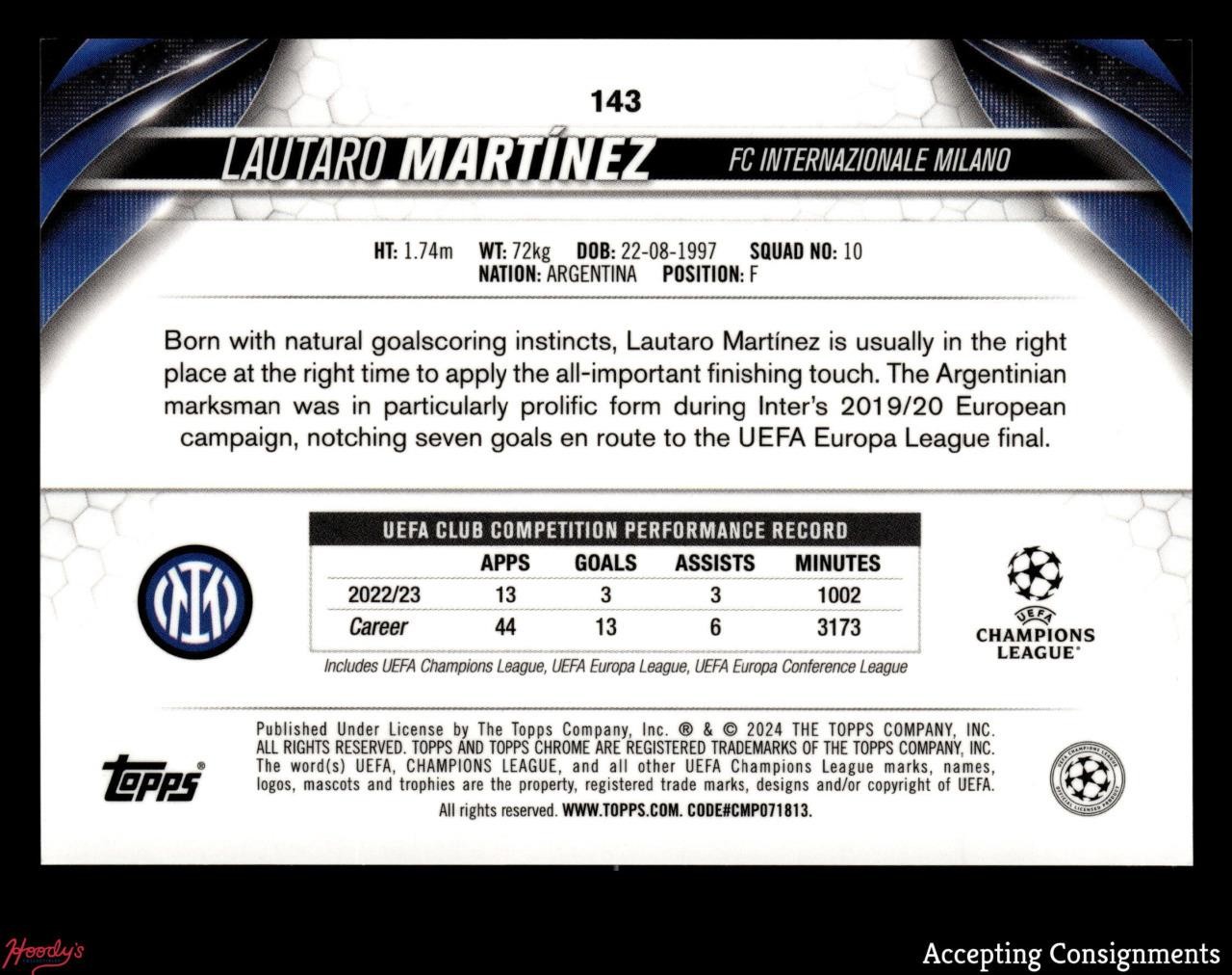 2023-24 Topps Chrome Sapphire UEFA Red Refractor #143 Lautaro Martinez 3/5 view 2