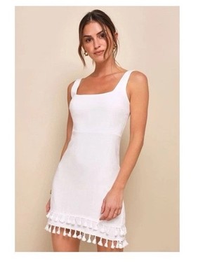 Lulus Feel the Sunshine NWT White Tassel Mini Dress LWD Cocktail Party M Linen
