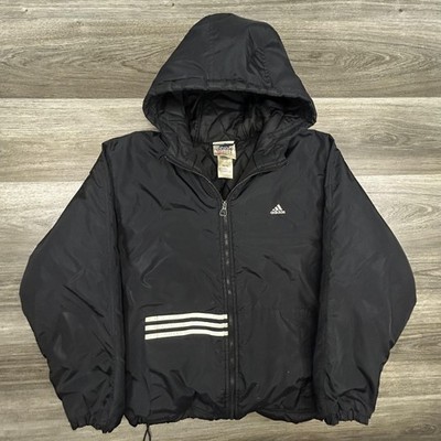 Vintage Adidas Jacket Mens Medium Black Hooded Insulated Full Zip Puffer Coat