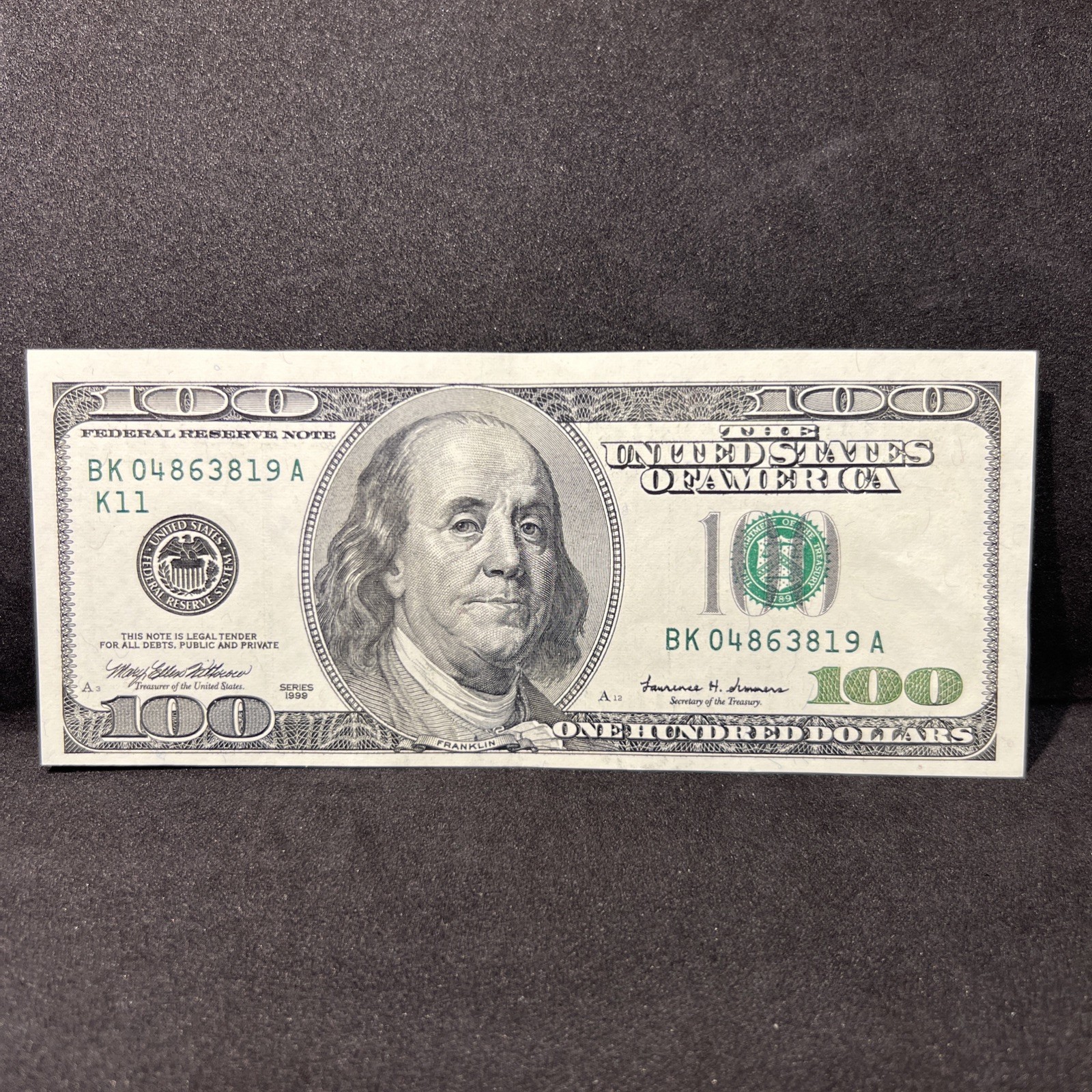 Series 1999 US One Hundred Dollar Bill Note $100 Dallas BK 04863819 A cut error