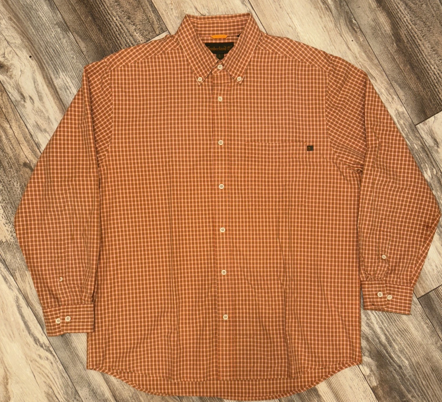 Timberland Men’s Long Sleeve Button Up Plaid Shirt Orange Green Size Large