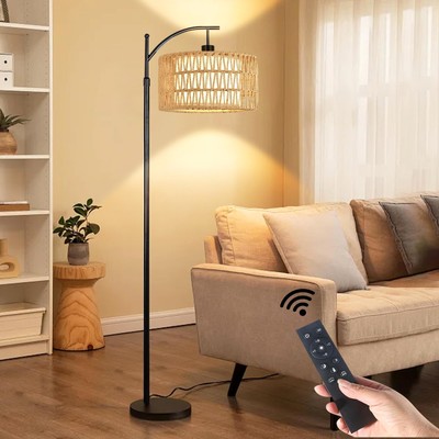 Floor Lamp for Living Room Bedroom with Remote Boho Rattan Arc Standing Lamp ...