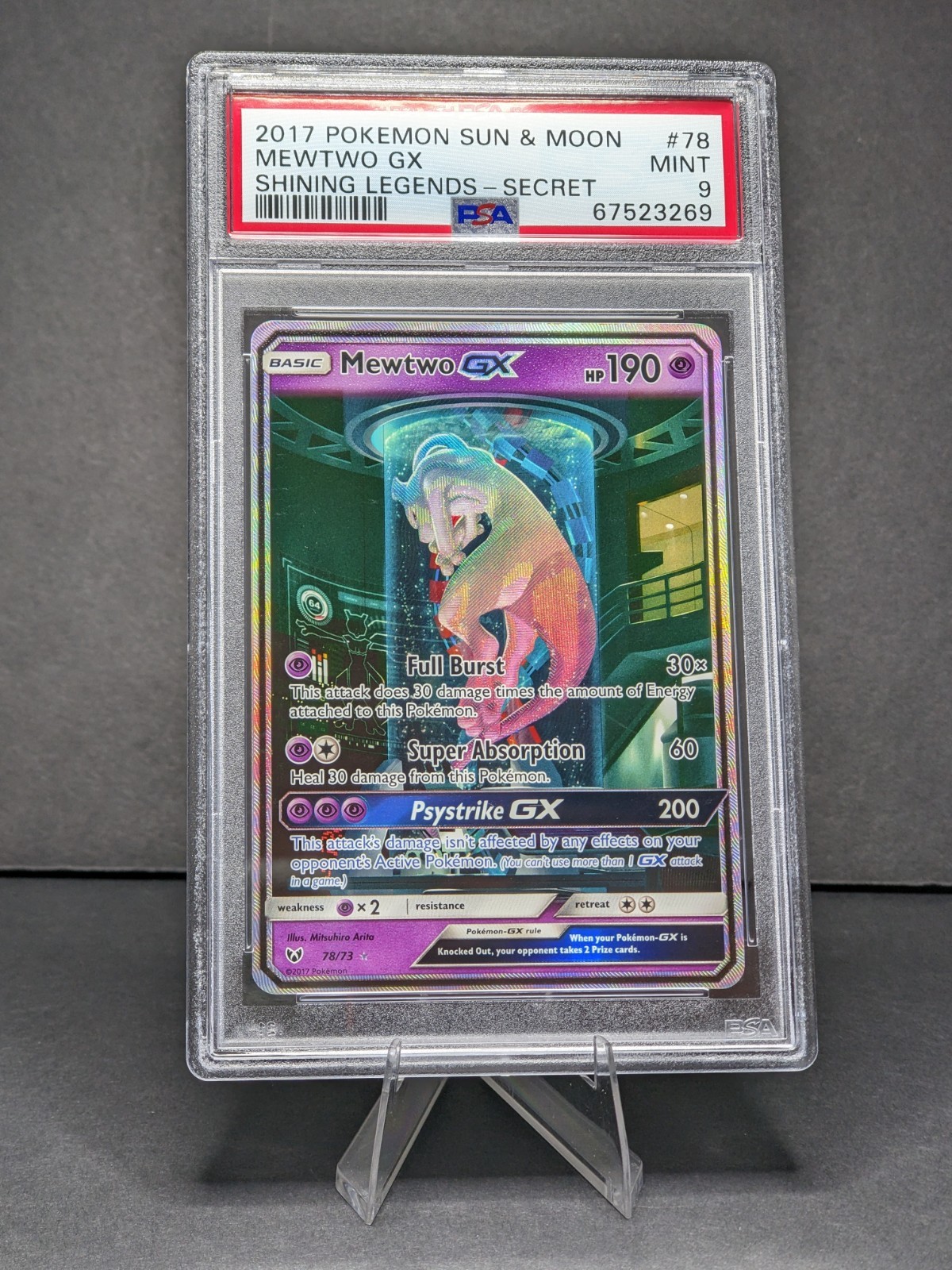Pokemon 2017 Mewtwo GX 78/73 Full Art Secret Rare Shining Legends PSA 9