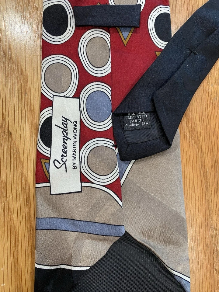 Corbata de seda con guión de Martin Wong negra roja blanca geométrica abstracta EE. UU. Foto 3 de 4