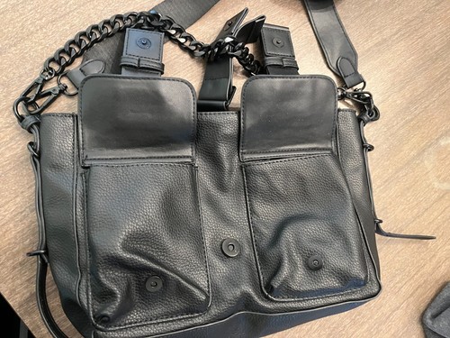 Steve Madden Black Faux Leather Utility Crossbody Bag - Multi-Strap Chain Cargo - Picture 12 of 12