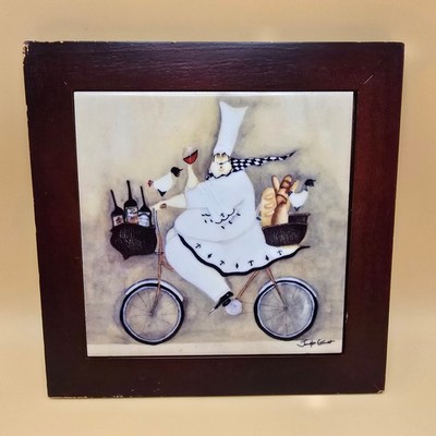 Jennifer Garant Fat Chef on Bicycle Ceramic Art Tile Framed Kitchen Decor 8x8