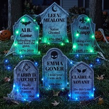 6 Pcs 16.5'' Light Up Double-Sided Tombstones Halloween Decorations Outdoor