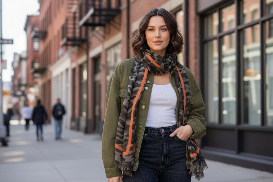 EXPRESS негабаритный прямоугольный зеленый камуфляж шарф оранжевая полоса Challis - Изображение 3 из 4