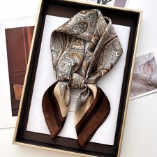 Brown Paisley Silk Scarf Square 27.5 Inch Satin Hair Head Neck Wrap Bandana