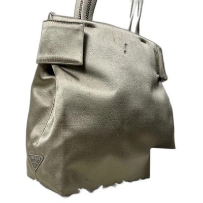 PRADA Satin Tote Bag - Beige - Triangle Logo - Rare - Pre-Owned Good (JP)