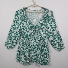 Free People Dress Womens Large Green Floral Long Sleeve Ruffle Hem Boho Swing