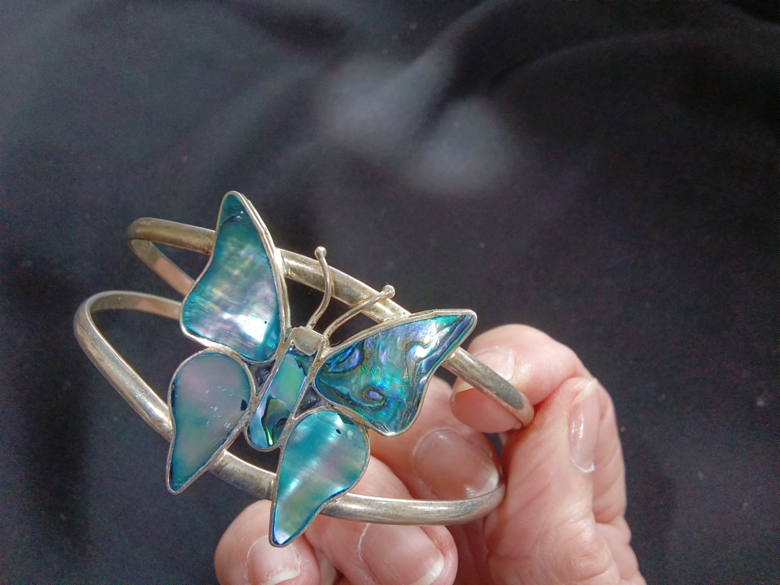 Vintage Alpaca Silver Abalone Inlay Butterfly Cuff Bracelet