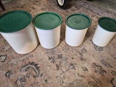 4 Tupperware One Touch Nesting Canisters Set w/ Green Lids 2416 2418 2420 2422