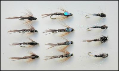 Pheasant tail Nymph Trout Flies, 12 Pack, Standard, Pearly & Flash Head, Mixed