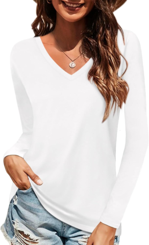 Women Shirts V Neck Short/Long Sleeve Cotton Tops T-Shirt Basic Tees - 第 7/12 張圖片