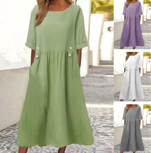 2023 kurzärmeliges Damenkleid aus Baumwolle Leinen Sommerkleider Midi Maxi Boho Freizeitkleid - Bild 2 von 18