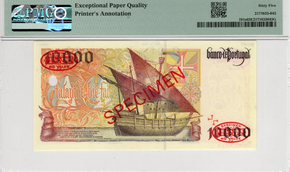Portugal "ESPECIMEN 003" 10.000 Escudos ND (1996-98) P-191S GEMA 65 EPQ PMG Foto 4 de 4