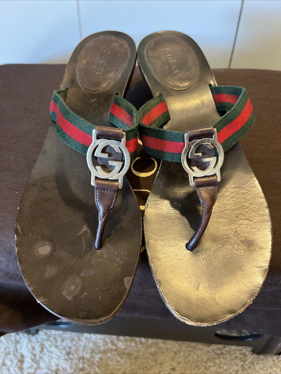 Gucci 8 Thong Flip Flop Slides GG Logo Sandals Mid Heels