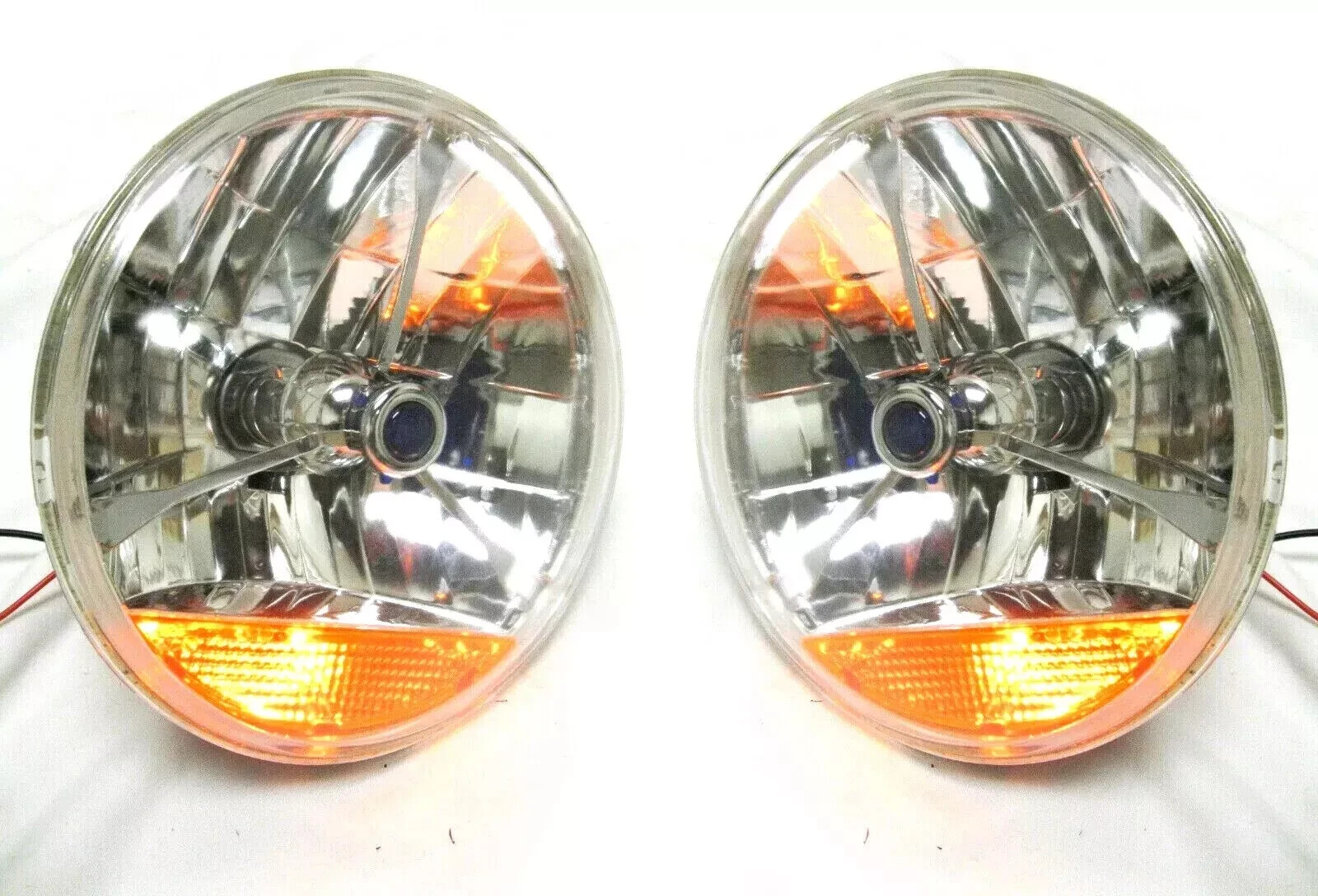 Street Hot Rat Rod 7" Tri Bar Blue Dot H4 Headlights PAIR Amber Turn Signals 12v