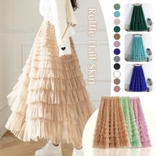 Womens Ruffle Tutu Skirts Mesh A-Line Half Dress Patchwork Puffy Midi Skirts