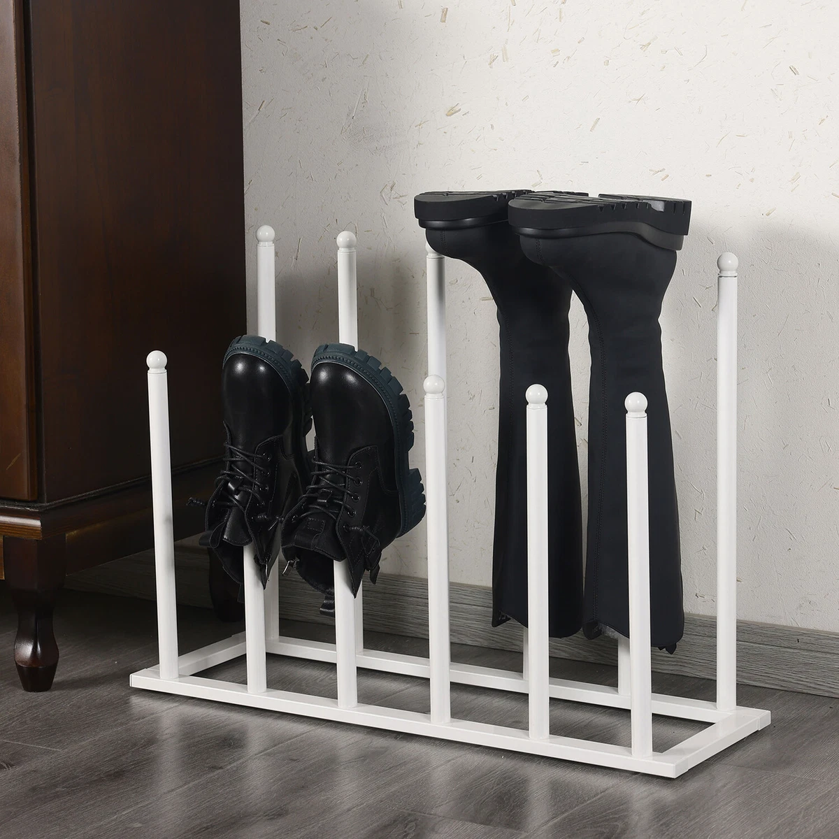 White Metal Free Standing Boot Shoe Rack Organizer, Tall Boot Shaper Storage Stand, Holds Up 6 Pairs of Tall Boots