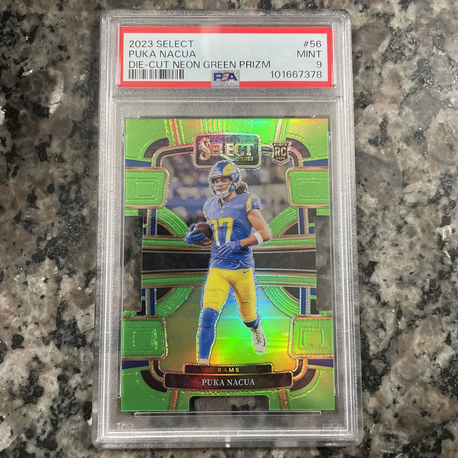 2023 Select Concourse Neon Green Prizm Die-Cut Puka Nacua Rookie SP/599 PSA 9