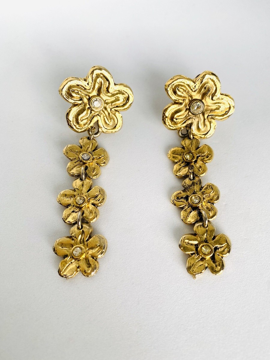 Boucles D'oreilles Pendantes Vintage Jacky De G Paris - Motif Guirlande Florale, Cristaux, Clips Dorés, Années 1990