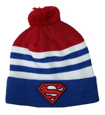 Superman Logo Striped Pom Adult Beanie Cap Hat NWT