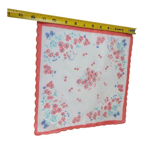 Vintage Coral Peach Floral Pink Wildflowers Handkerchief Scallop Border Scarf - Picture 3 of 3