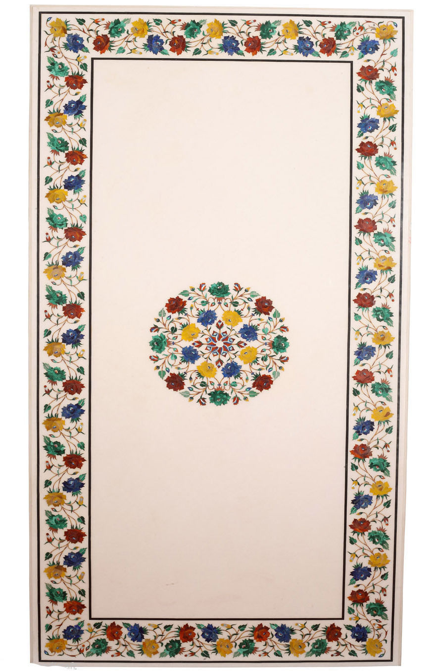 54-Inch White Marble Table Top with Floral Inlay Design