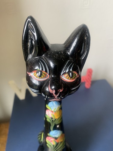Vintage Black Cat Long Neck Large Figurine Ornament Lucky Mid Century Gift - Picture 2 of 11