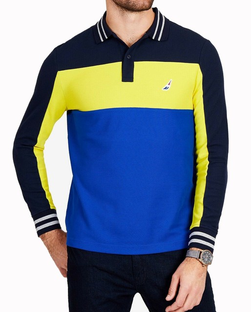 New Nautica Wicking Navy Yellow Colorblocked Long Sleeve Rugby Polo Shirt XXL for sale online