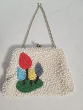 Vintage Beaded White Coin Purse Colorful Tree Clutch Wallet