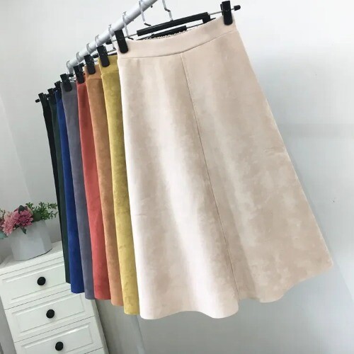 Neu Damen Wildleder Midi Röcke Hohe Taille Elegant A-Linie Röcke Schirmrock - Bild 17 von 33