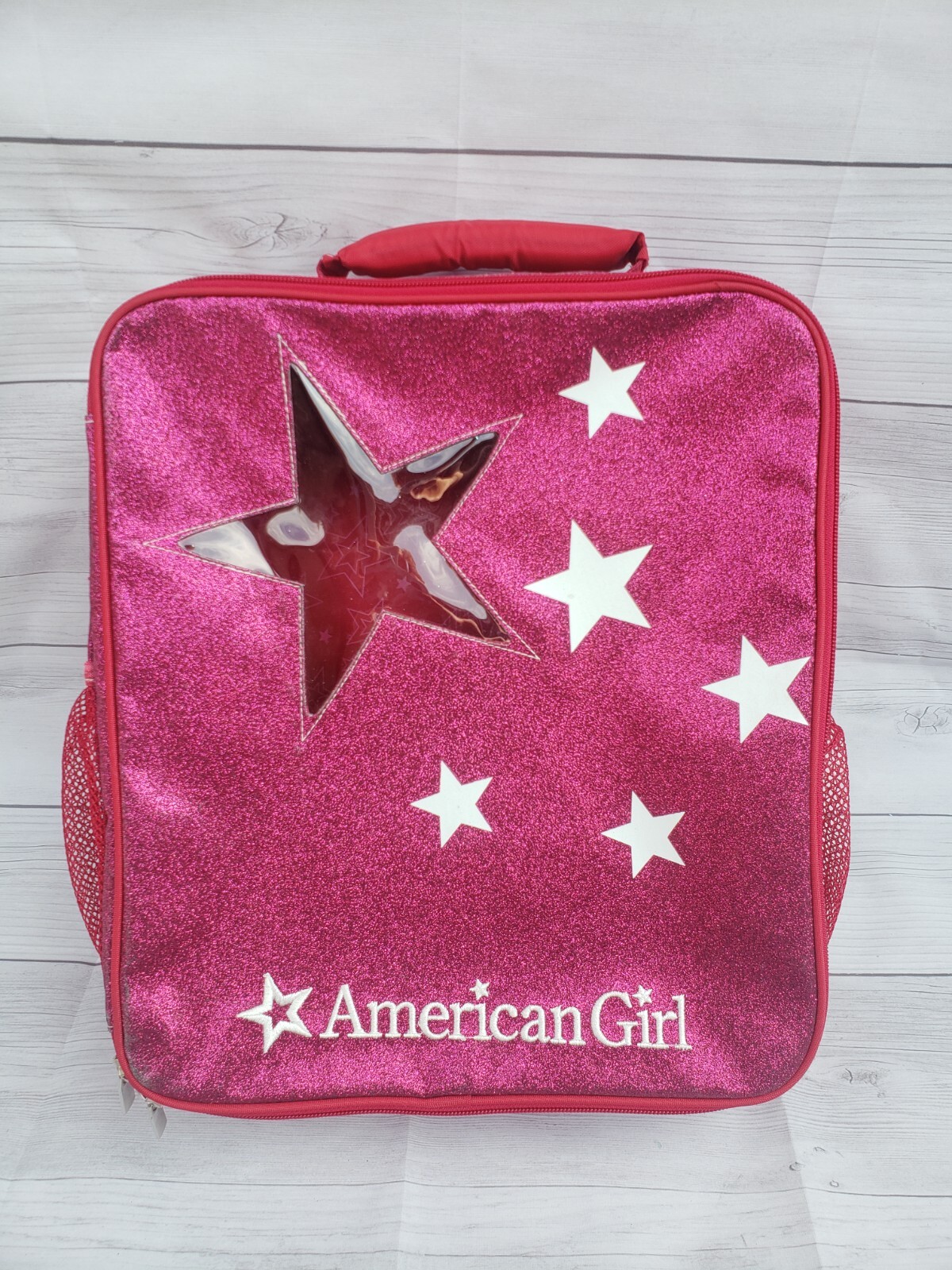 American Girl Backpack Doll Carrier Red Berry Pink Glitter w/ Star