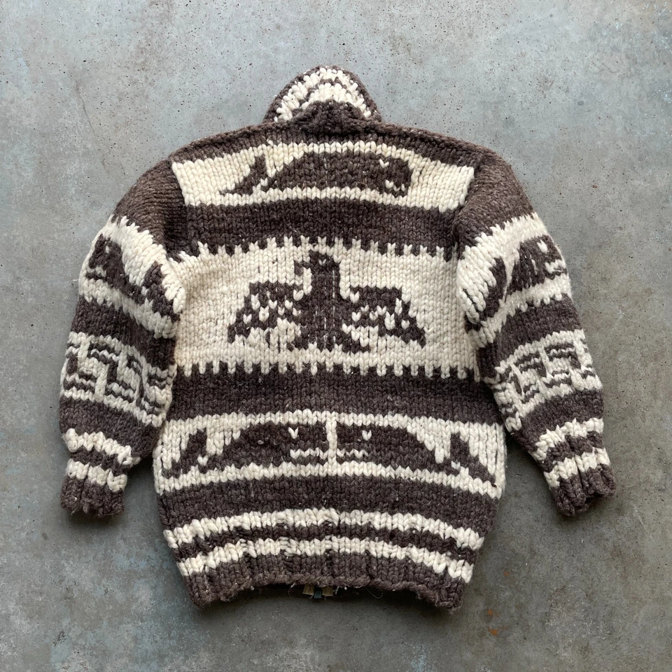 Cardigã de lã vintage anos 60 Cowichan "Thunderbird" robusto malha zíper completo tamanho: pequeno - Imagem 2 de 4