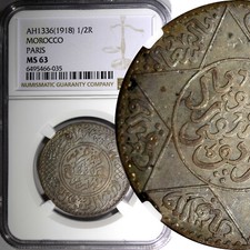 Morocco Yusuf Silver AH1336 (1918) 1/2 Rial PARIS Mint NGC MS63 Toned Y# 32 (35)