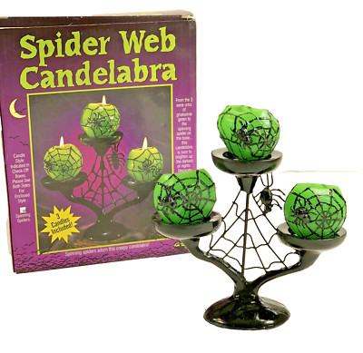 Fun World Halloween Jack O' Lanterns Spider Web Candelabra Candle Holder Green