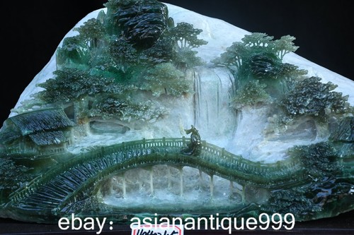17.6" chinesische grüne Xiu Jade Schnitzen Brücke Menschen Baum Mluntain Statue - Bild 5 von 21