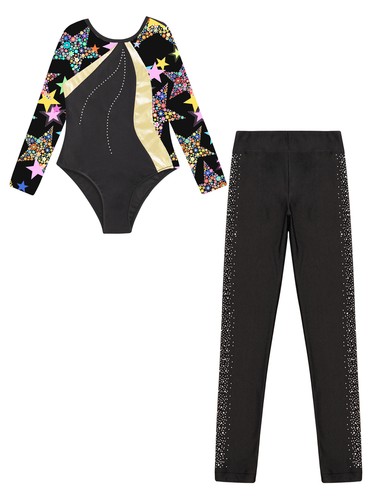 Kids Girls Leotard Figure Set Stage Outfit Mesh Pants Rhinestones Hoodie Suit - Picture 12 of 35
