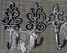 3 Decorative Wall Hooks Shabby Chic Ornate Cast Iron French NIB