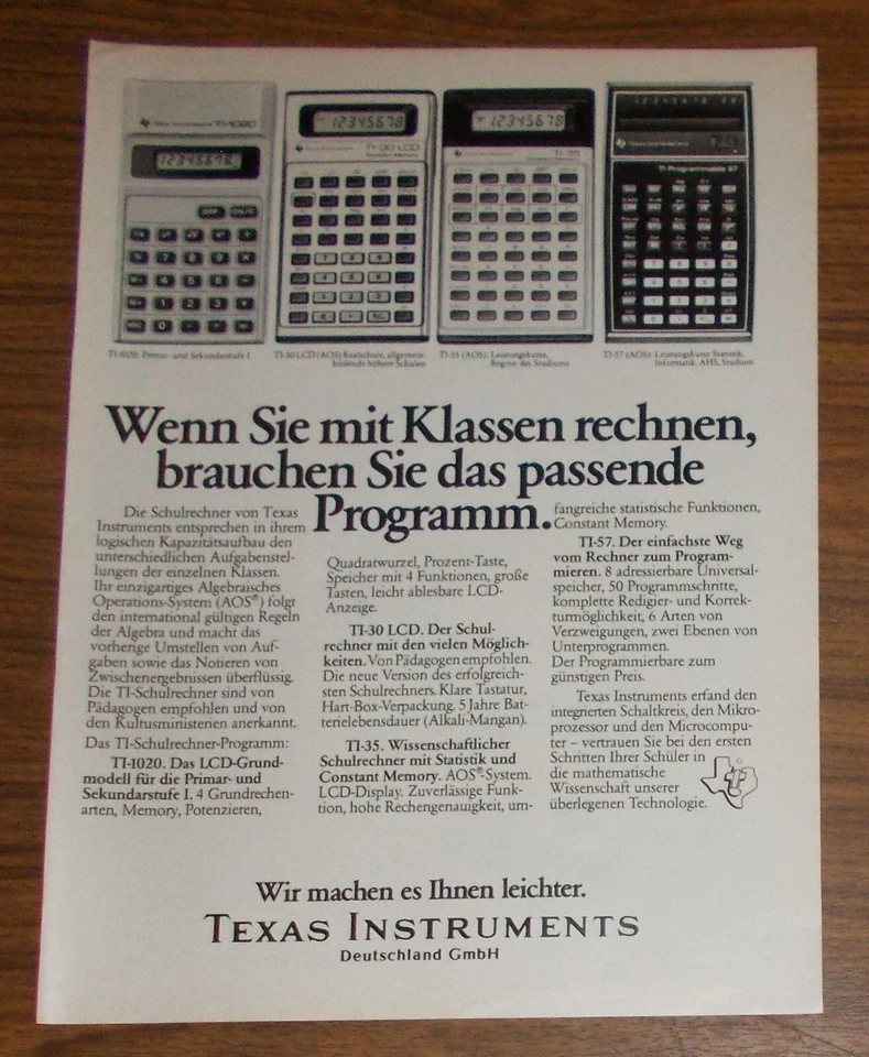 Seltene Werbung TEXAS INSTRUMENTS TI-1020 TI-30 TI-35 TI-57 Taschenrechner 1981 - Bild 1 von 1