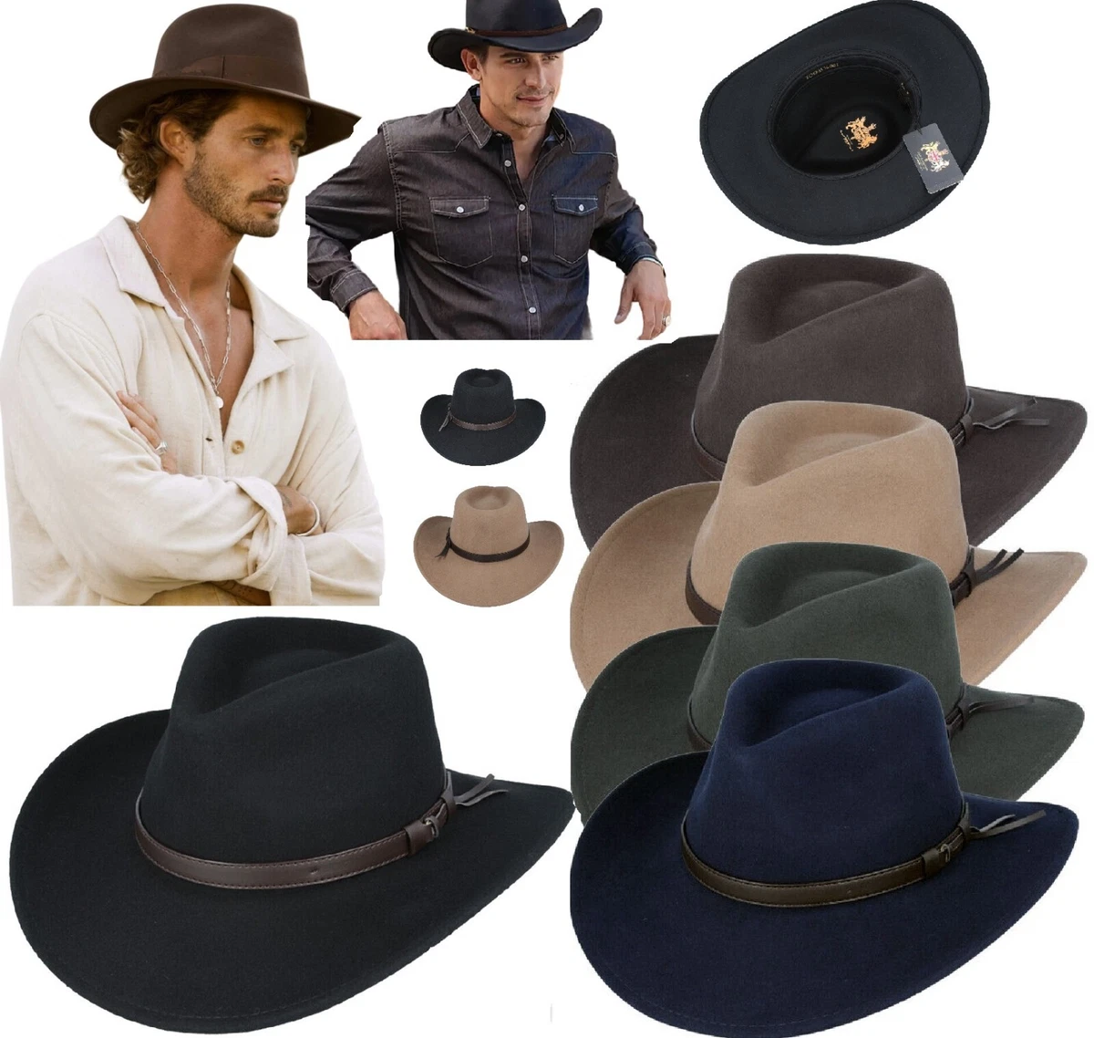 Cowboy Hat Mens Crushable 100% Wool Stetson Western Style Outback Fedora  Hats