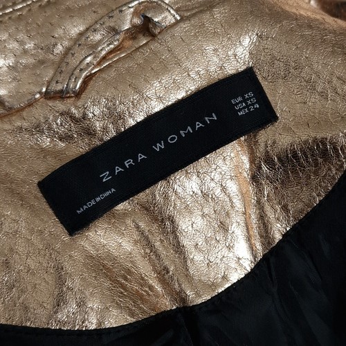 ZARA PIG LEATHER BIKER JACKET COAT XS 34 USA2 UK6 ROSE GOLD METALLIC ZIP BELTED - Picture 9 of 18
