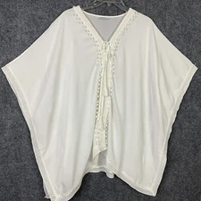 Bindya Coverup White Flowing Kimono Sleeve Crochet Lace Pom-poms Tassels OS