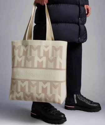 MONCLER Beige Off-White Knit Tote Large Bag Unisex Logo - gorgeous