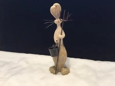 11” Ceramic Brown Tan Bunny Rabbit holding bucket & pitchfork Figurine (N85)