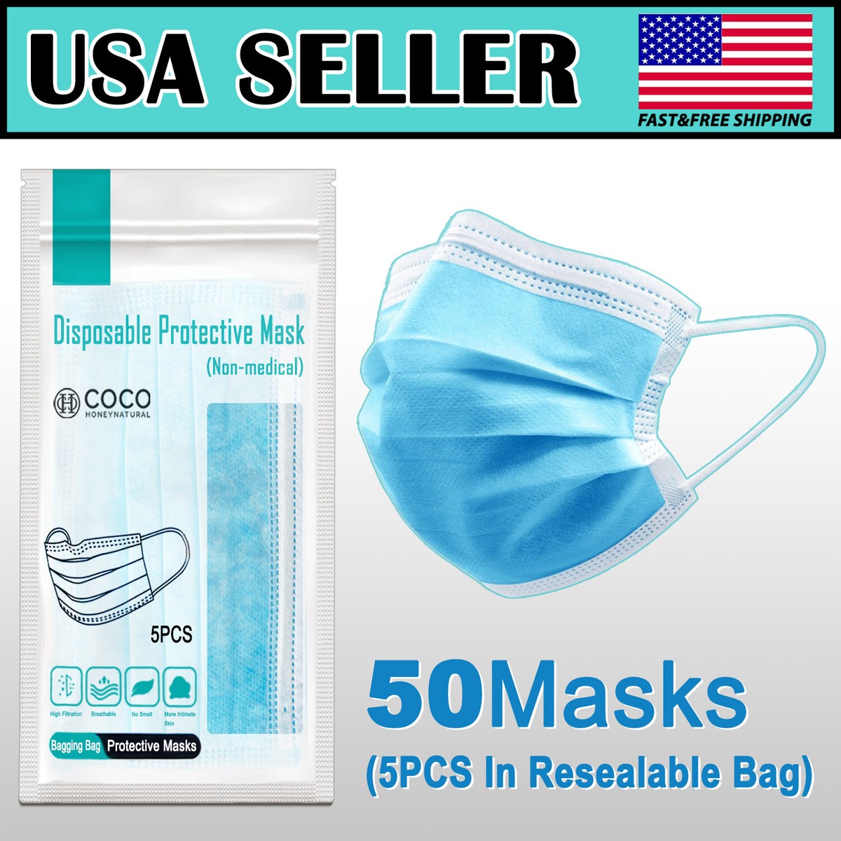 50 PCS 3-Ply Disposable Face Mask Non-woven Melt-blown | eBay